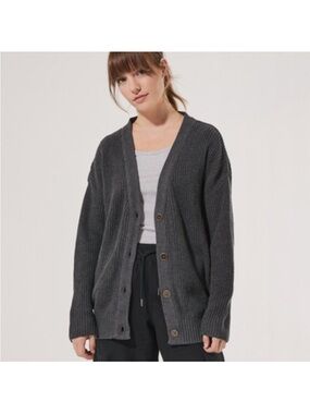 Pact Grey Fisherman Knit Button-Front Cardigan Organic Cotton Oversized Sweater